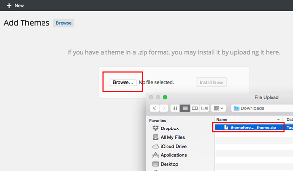 Cách cài theme wordpress Bước 2: Nhấp vào Chọn tệp để tải file .zip từ máy tính lên.