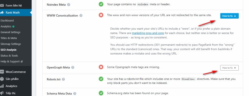 Các hướng dẫn đi kèm để xử lý lỗi khi Rank Math SEO cảnh báo.